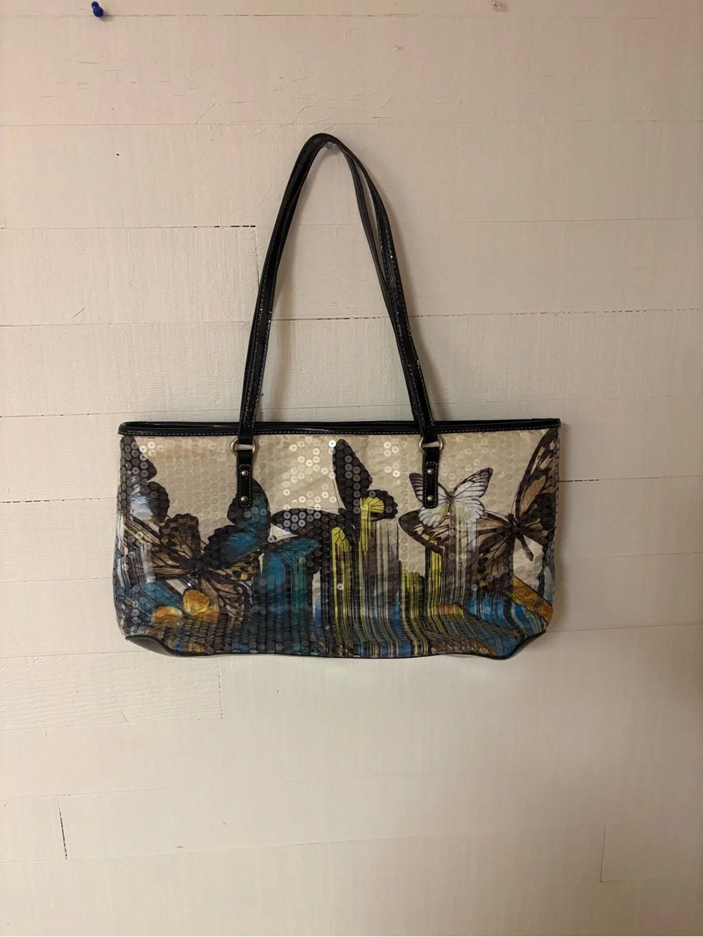 Nine West Butterfly Sequin Graphic Tote Bag Black Patent Shopper